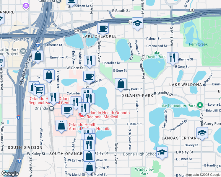 map of restaurants, bars, coffee shops, grocery stores, and more near 1100 Delaney Avenue in Orlando