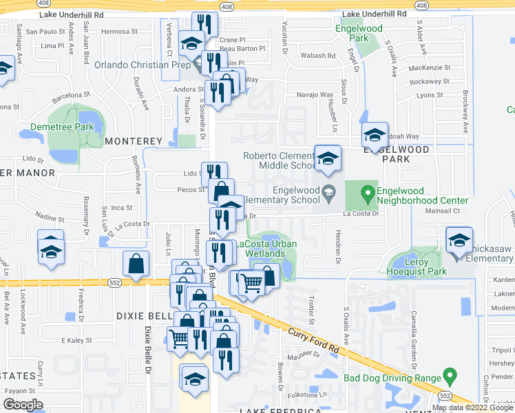 map of restaurants, bars, coffee shops, grocery stores, and more near 1199 Soria Avenue in Orlando