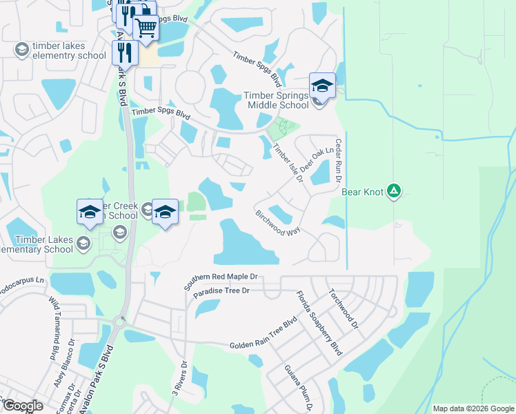 map of restaurants, bars, coffee shops, grocery stores, and more near 16106 Birchwood Way in Orlando