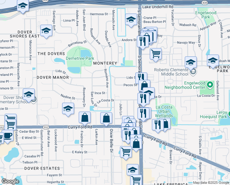 map of restaurants, bars, coffee shops, grocery stores, and more near 5535 Nadine Road in Orlando