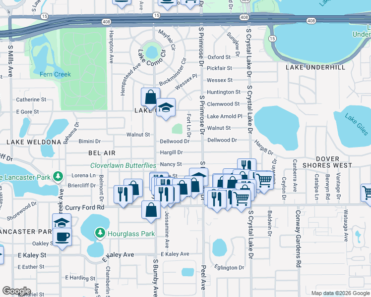 map of restaurants, bars, coffee shops, grocery stores, and more near 2601 Hargill Drive in Orlando