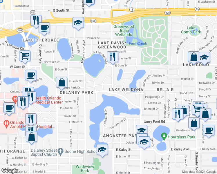 map of restaurants, bars, coffee shops, grocery stores, and more near 1108 Delaney Park Drive in Orlando