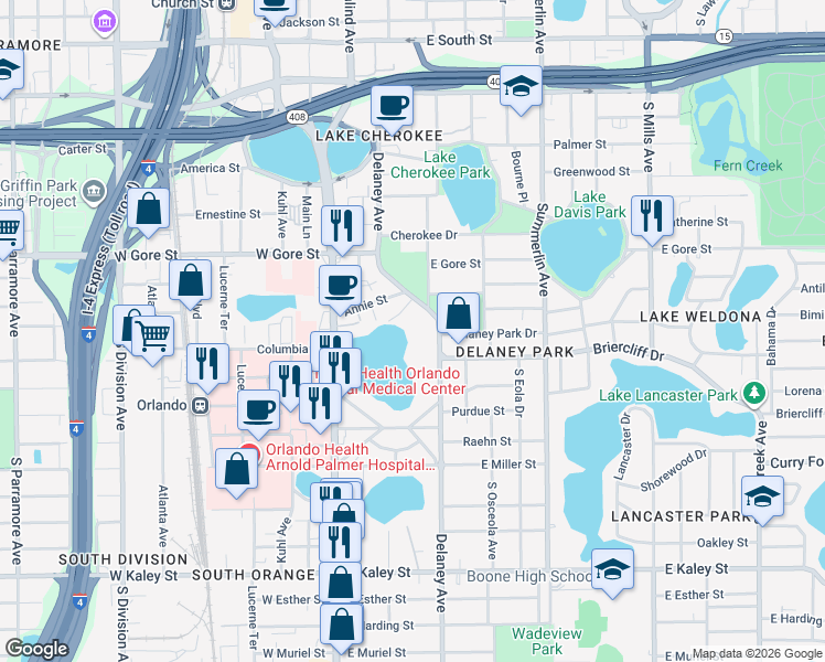 map of restaurants, bars, coffee shops, grocery stores, and more near 1100 Delaney Avenue in Orlando