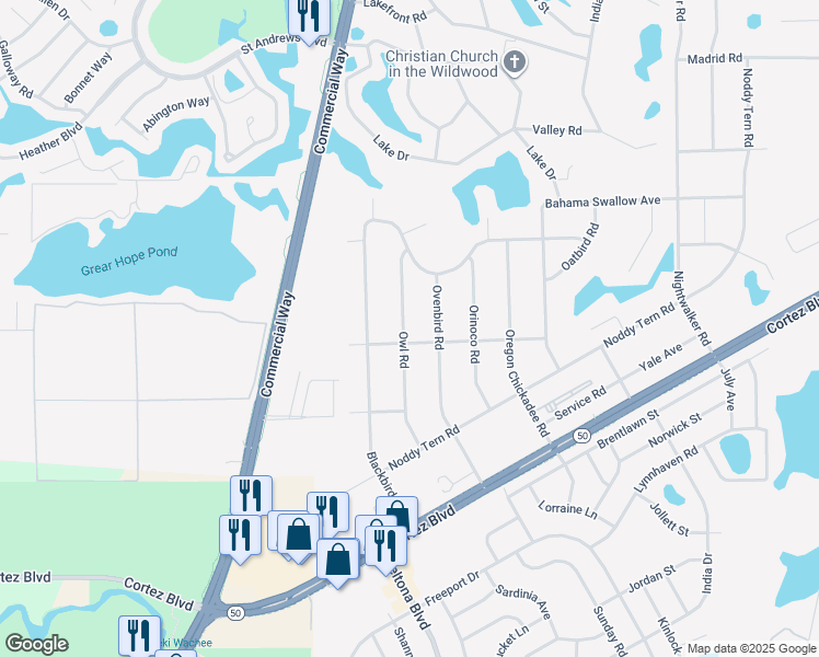 map of restaurants, bars, coffee shops, grocery stores, and more near 7024 Owl Road in Spring Hill