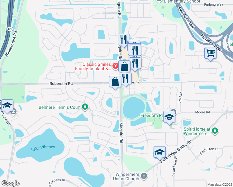 map of restaurants, bars, coffee shops, grocery stores, and more near 2851 Maguire Road in Windermere