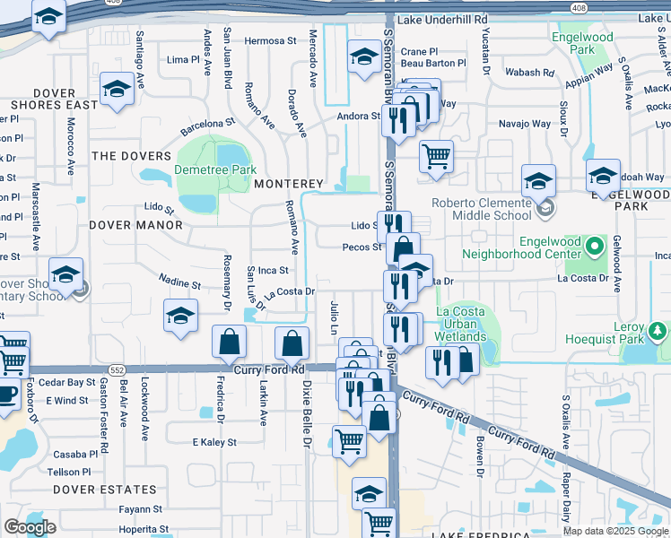 map of restaurants, bars, coffee shops, grocery stores, and more near 5535 Nadine Road in Orlando