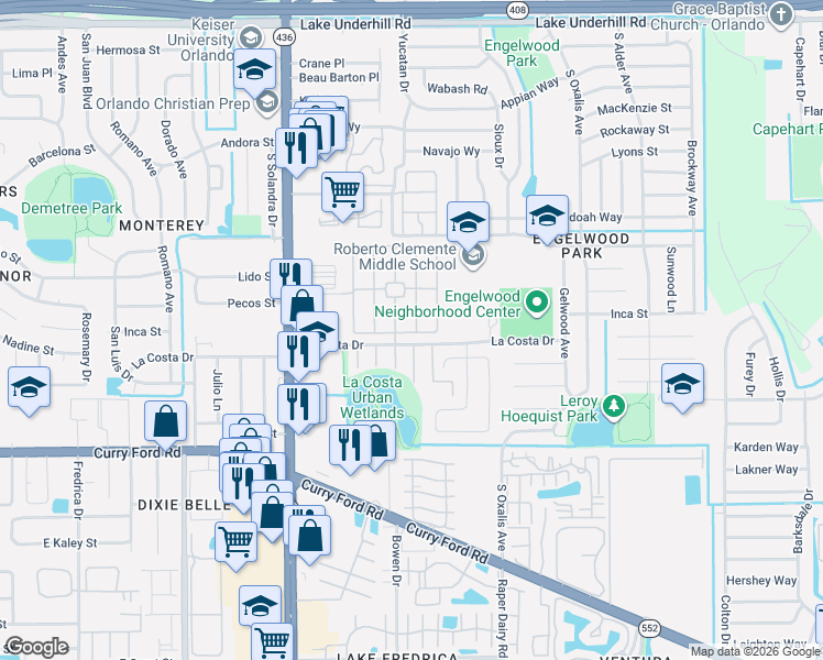 map of restaurants, bars, coffee shops, grocery stores, and more near 1199 Mancha Real Drive in Orlando