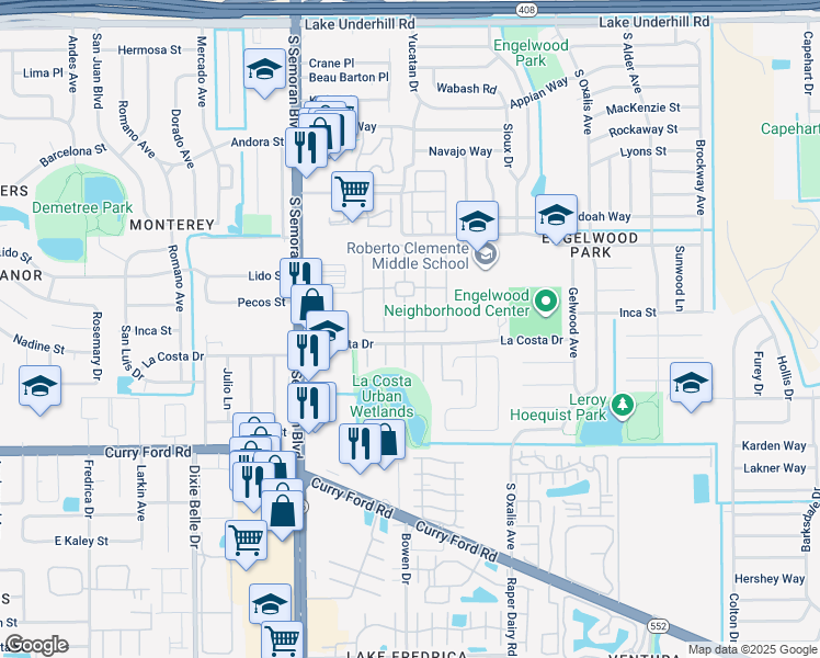 map of restaurants, bars, coffee shops, grocery stores, and more near 1199 Mancha Real Drive in Orlando