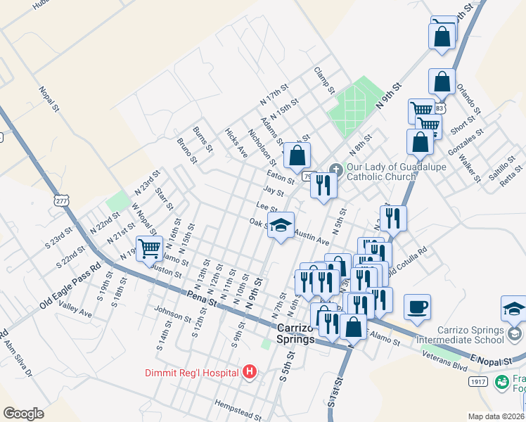 map of restaurants, bars, coffee shops, grocery stores, and more near 912 Lee Street in Carrizo Springs