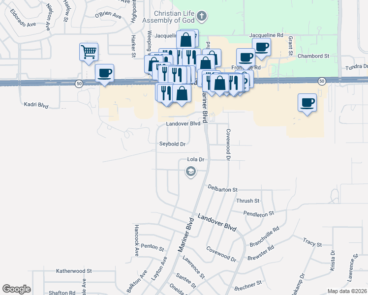 map of restaurants, bars, coffee shops, grocery stores, and more near 12498 Seybold Drive in Spring Hill