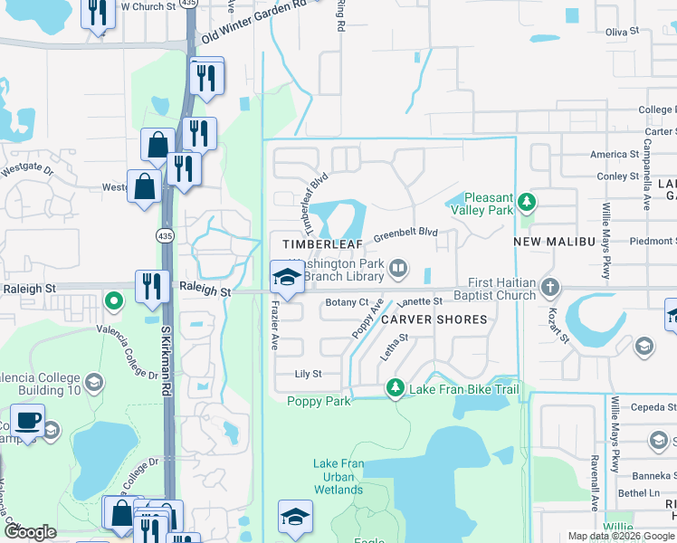 map of restaurants, bars, coffee shops, grocery stores, and more near 1030 Clovercrest Road in Orlando