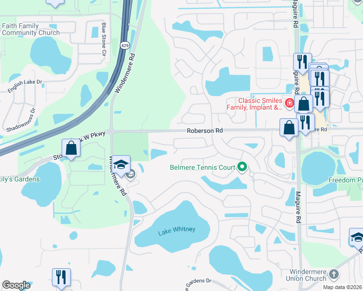 map of restaurants, bars, coffee shops, grocery stores, and more near 11625 Via Lucerna Circle in Windermere