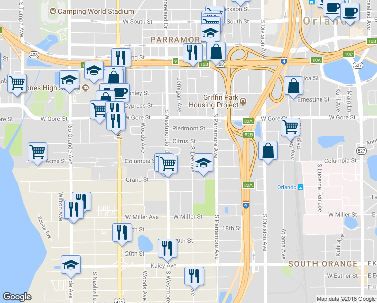 map of restaurants, bars, coffee shops, grocery stores, and more near 1104 South Lee Avenue in Orlando