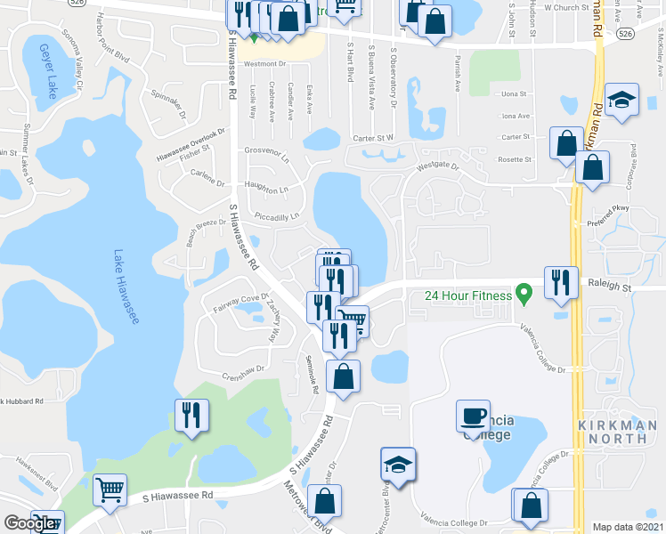 map of restaurants, bars, coffee shops, grocery stores, and more near 1071 South Hiawassee Road in Orlando