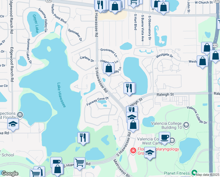 map of restaurants, bars, coffee shops, grocery stores, and more near 1023 South Hiawassee Road in Orlando