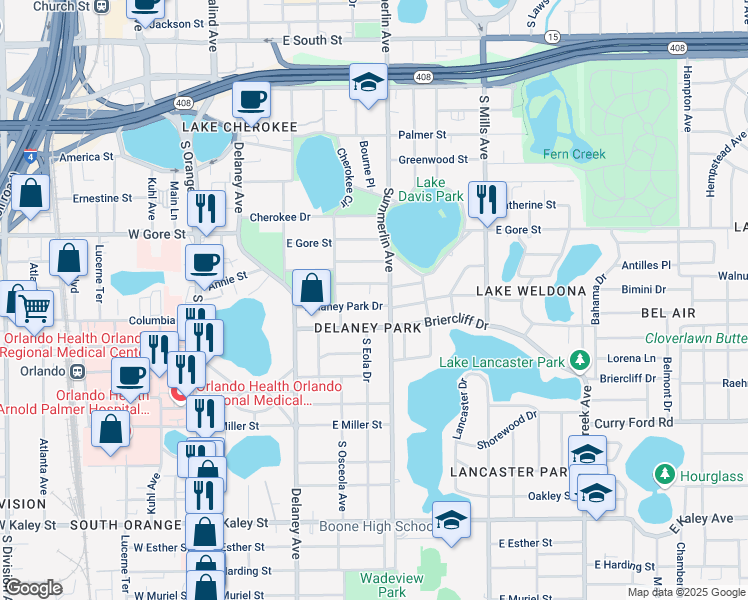 map of restaurants, bars, coffee shops, grocery stores, and more near 615 Delaney Park Drive in Orlando