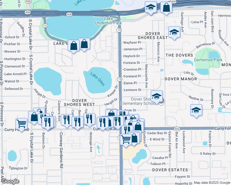 map of restaurants, bars, coffee shops, grocery stores, and more near 1110 South Conway Road in Orlando