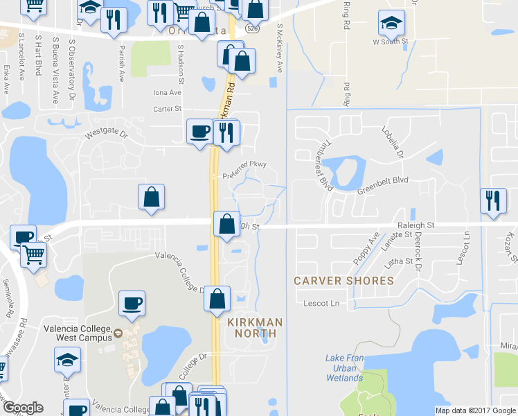 map of restaurants, bars, coffee shops, grocery stores, and more near 1057 South Kirkman Road in Orlando