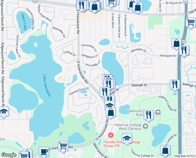 map of restaurants, bars, coffee shops, grocery stores, and more near 1055 South Hiawassee Road in Orlando