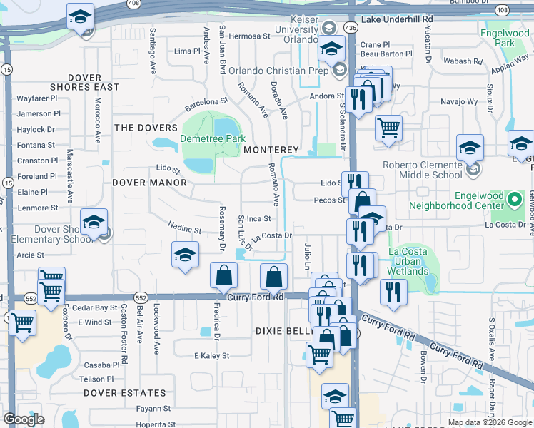 map of restaurants, bars, coffee shops, grocery stores, and more near 1201 Romano Avenue in Orlando
