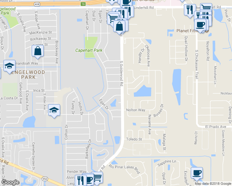 map of restaurants, bars, coffee shops, grocery stores, and more near 7409 Autumnvale Drive in Orlando
