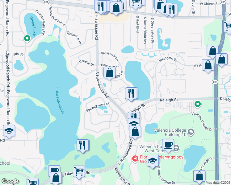 map of restaurants, bars, coffee shops, grocery stores, and more near 1055 South Hiawassee Road in Orlando