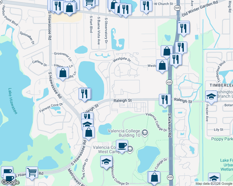 map of restaurants, bars, coffee shops, grocery stores, and more near 6169 Raleigh Street in Orlando
