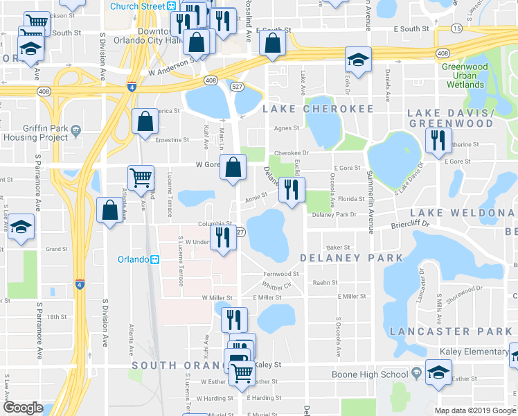 map of restaurants, bars, coffee shops, grocery stores, and more near 124 Annie Street in Orlando