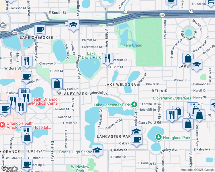 map of restaurants, bars, coffee shops, grocery stores, and more near 1108 Delaney Park Drive in Orlando