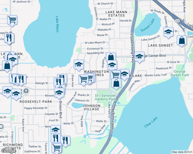 map of restaurants, bars, coffee shops, grocery stores, and more near 3423 Lewis Court in Orlando
