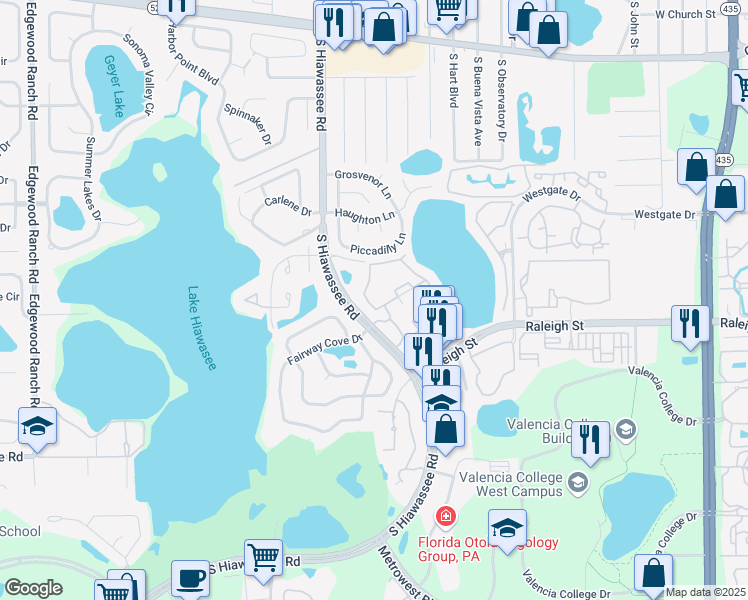 map of restaurants, bars, coffee shops, grocery stores, and more near 1023 South Hiawassee Road in Orlando