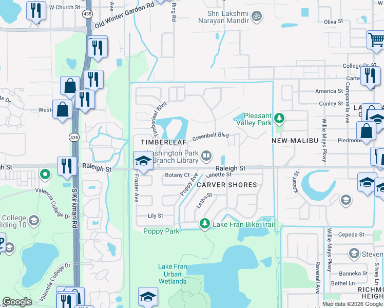map of restaurants, bars, coffee shops, grocery stores, and more near 1051 Winterberry Lane in Orlando