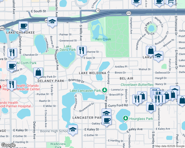 map of restaurants, bars, coffee shops, grocery stores, and more near 1105 Lake Weldona Drive in Orlando