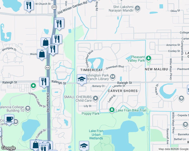 map of restaurants, bars, coffee shops, grocery stores, and more near 1030 Clovercrest Road in Orlando