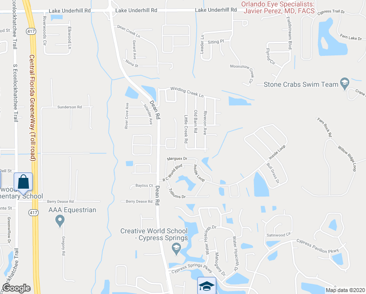 map of restaurants, bars, coffee shops, grocery stores, and more near 1024 Little Creek Road in Orlando