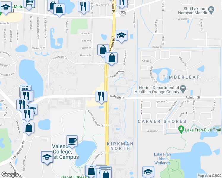 map of restaurants, bars, coffee shops, grocery stores, and more near 1003 South Kirkman Road in Orlando