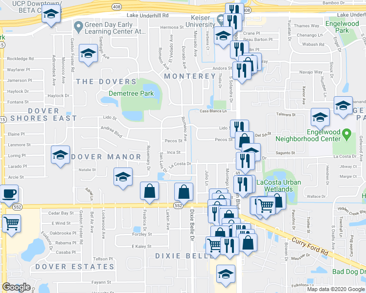 map of restaurants, bars, coffee shops, grocery stores, and more near 1110 Romano Avenue in Orlando