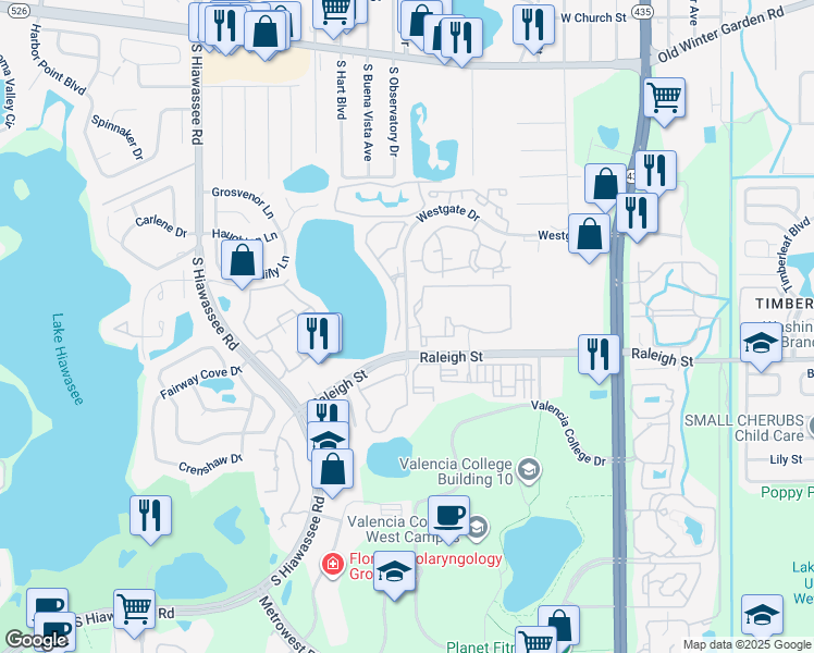 map of restaurants, bars, coffee shops, grocery stores, and more near 6311 Westgate Drive in Orlando