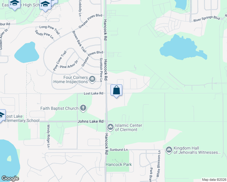 map of restaurants, bars, coffee shops, grocery stores, and more near 12432 Hancock Road in Clermont