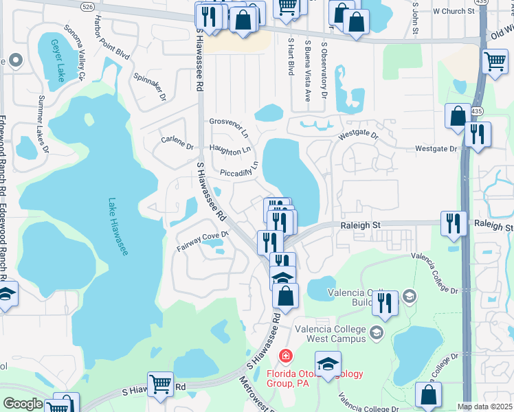 map of restaurants, bars, coffee shops, grocery stores, and more near 1055 South Hiawassee Road in Orlando
