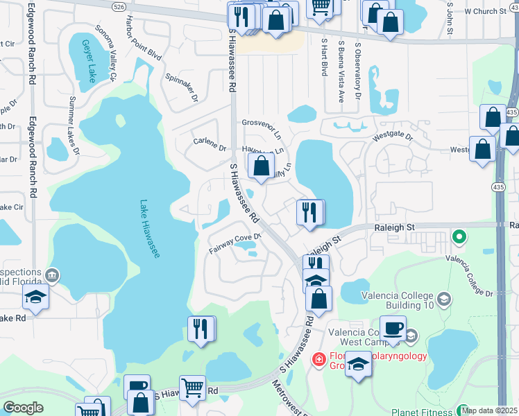 map of restaurants, bars, coffee shops, grocery stores, and more near 1023 South Hiawassee Road in Orlando
