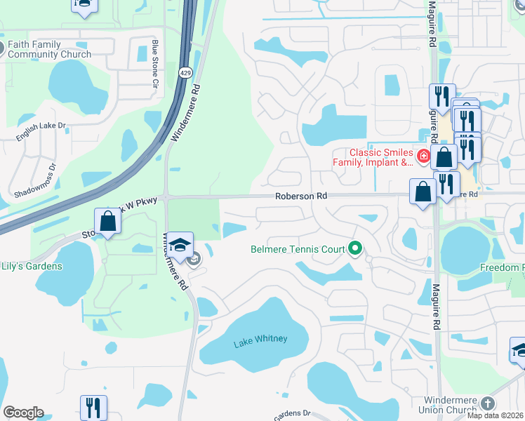 map of restaurants, bars, coffee shops, grocery stores, and more near 11625 Via Lucerna Circle in Windermere