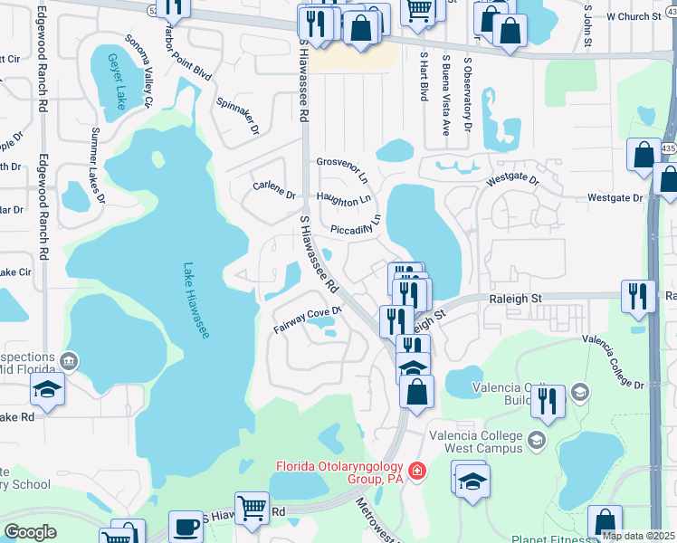 map of restaurants, bars, coffee shops, grocery stores, and more near 1021 South Hiawassee Road in Orlando