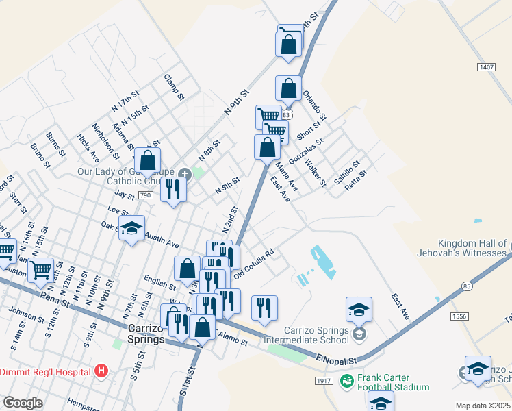 map of restaurants, bars, coffee shops, grocery stores, and more near 1303 North 1st Street in Carrizo Springs