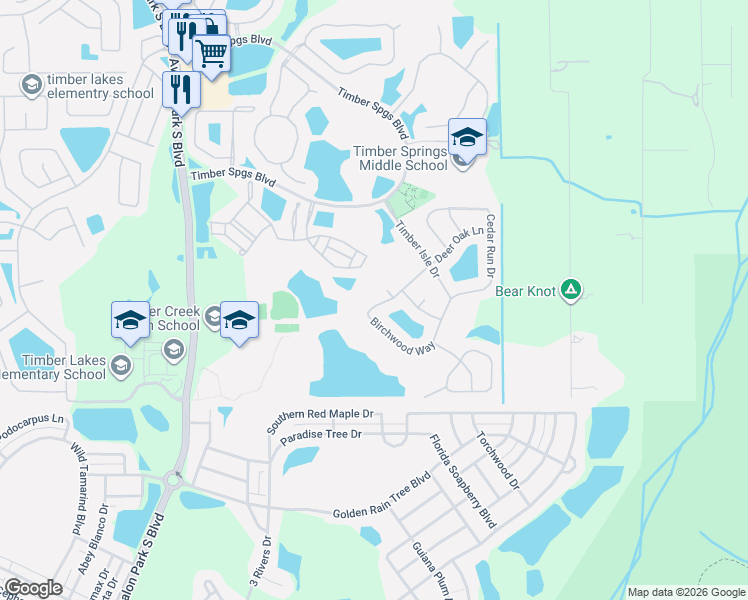 map of restaurants, bars, coffee shops, grocery stores, and more near 16106 Birchwood Way in Orlando