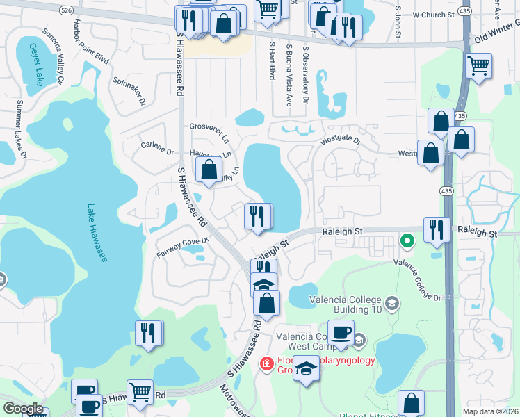 map of restaurants, bars, coffee shops, grocery stores, and more near 1071 South Hiawassee Road in Orlando