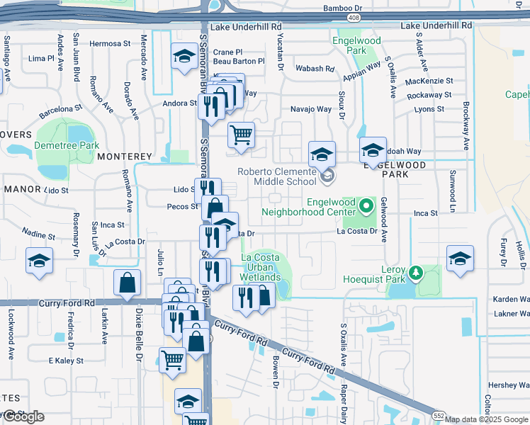 map of restaurants, bars, coffee shops, grocery stores, and more near 1199 Soria Avenue in Orlando