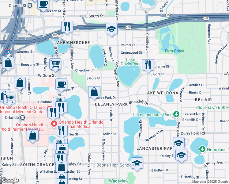 map of restaurants, bars, coffee shops, grocery stores, and more near 615 Delaney Park Drive in Orlando