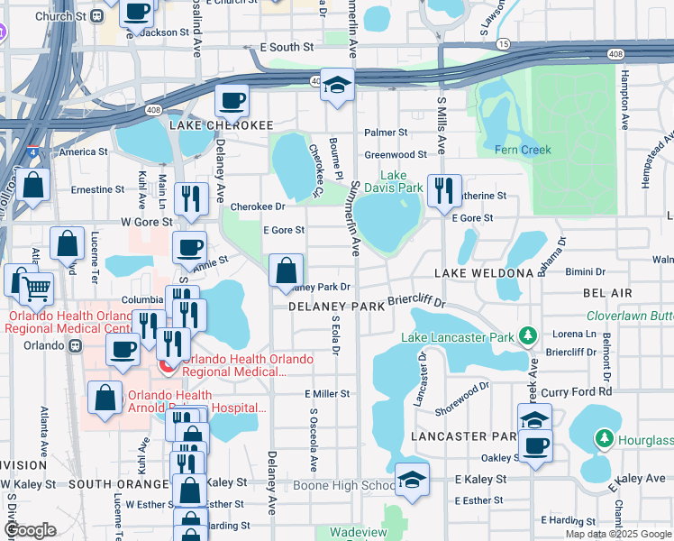 map of restaurants, bars, coffee shops, grocery stores, and more near 615 Delaney Park Drive in Orlando