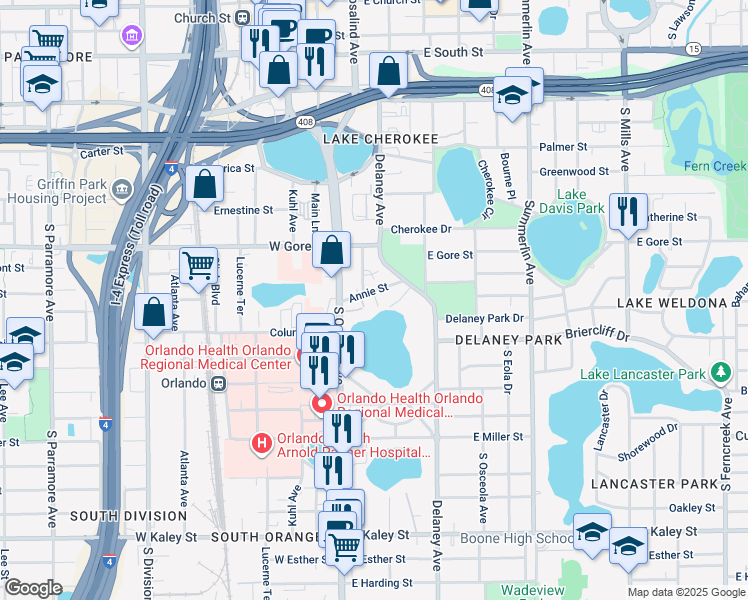 map of restaurants, bars, coffee shops, grocery stores, and more near 124 Annie Street in Orlando